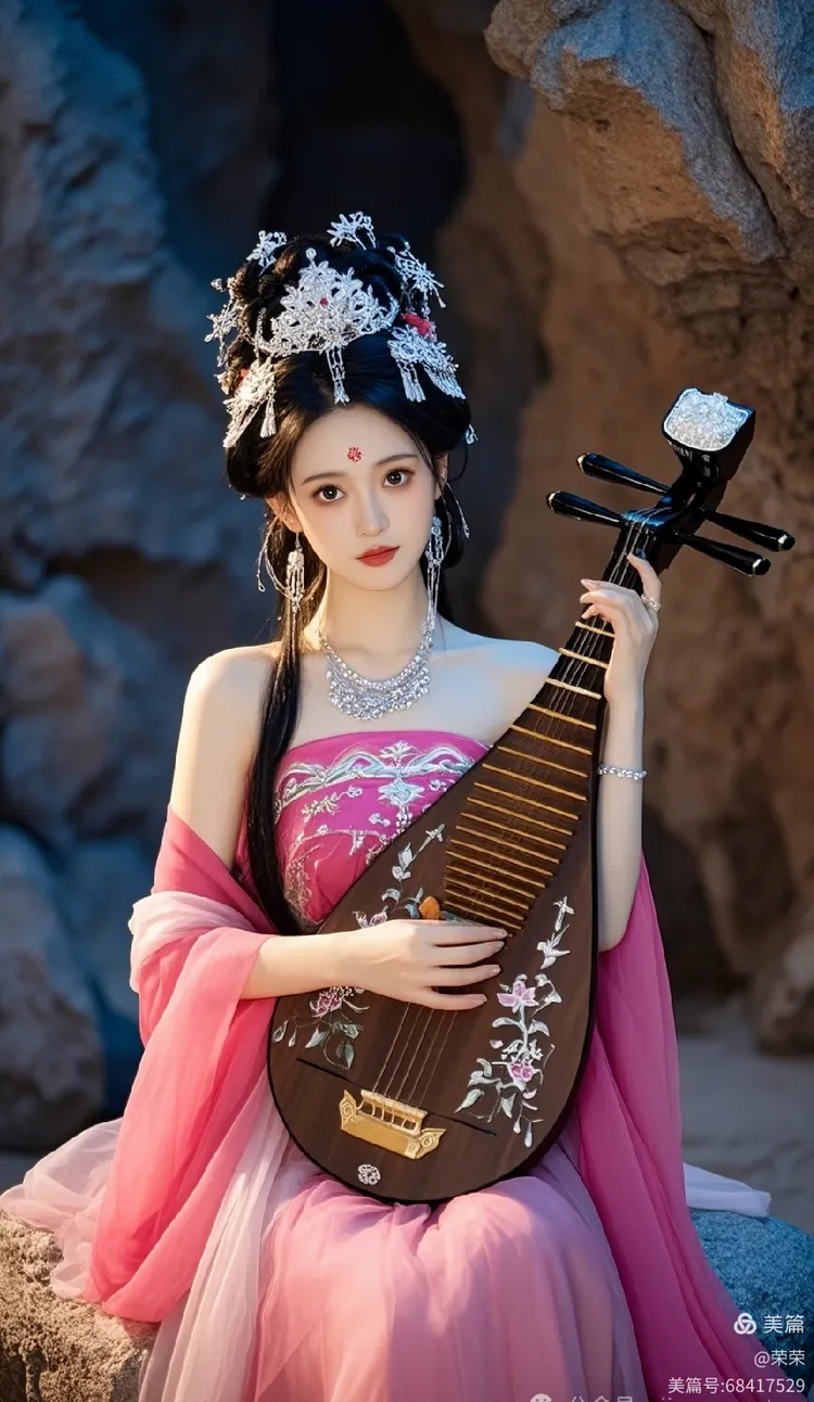 手机高清壁纸丨古装美女,琵琶弹奏,敦煌莫高窟